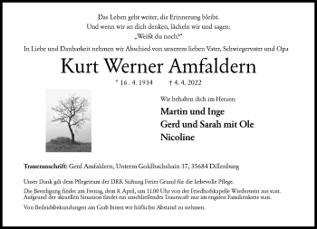 Traueranzeige von Kurt Werner Amfaldern von Siegener Zeitung