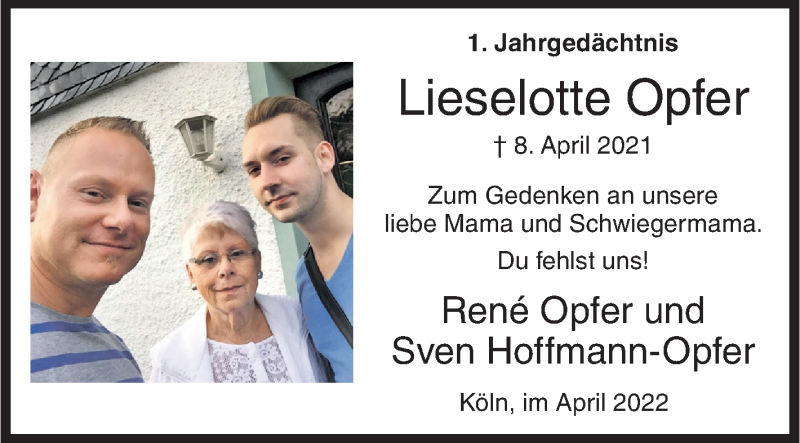  Traueranzeige für Lieselotte Opfer vom 08.04.2022 aus Siegener Zeitung