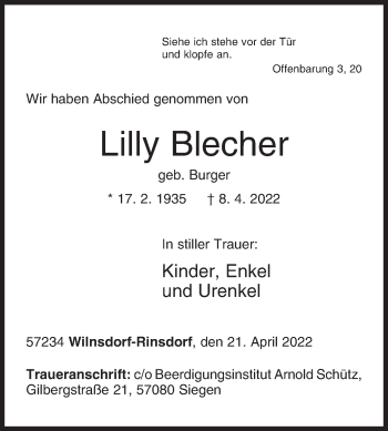 Traueranzeige von Lilly Blecher von Siegener Zeitung