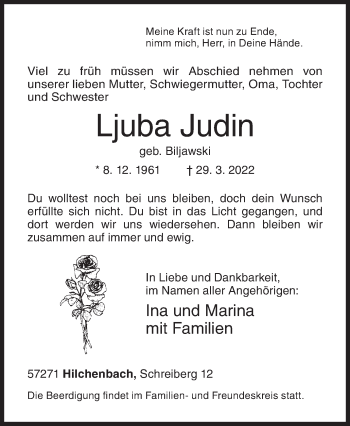Traueranzeige von Ljuba Judin von Siegener Zeitung