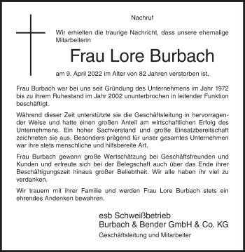 Traueranzeige von Lore Burbach von Siegener Zeitung