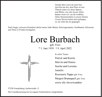Traueranzeige von Lore Burbach von Siegener Zeitung