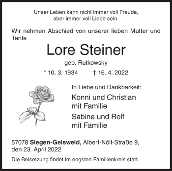 Traueranzeige von Lore Steiner von Siegener Zeitung