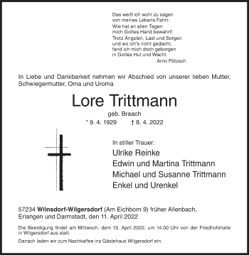 Traueranzeige von Lore Trittmann von Siegener Zeitung