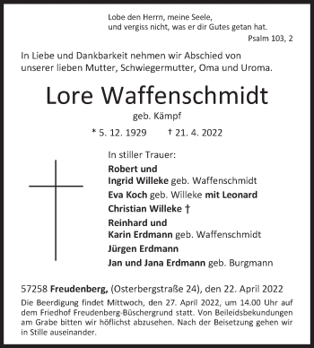 Traueranzeige von Lore Waffenschmidt von Siegener Zeitung