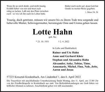 Traueranzeige von Lotte Hahn von Siegener Zeitung
