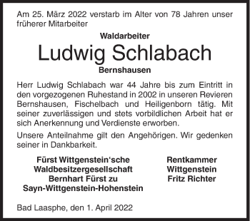 Traueranzeige von Ludwig Schlabach von Siegener Zeitung