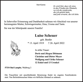 Traueranzeige von Luise Scheuer von Siegener Zeitung