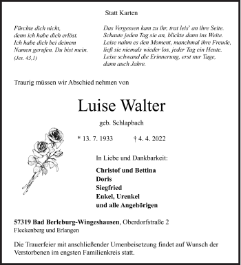 Traueranzeige von Luise Walter von Siegener Zeitung