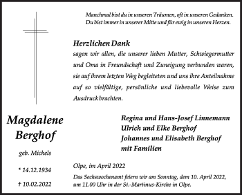 Traueranzeige von Magdalene Berghof von Siegener Zeitung