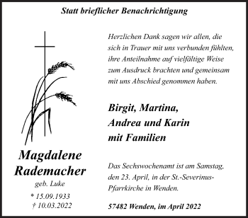 Traueranzeige von Magdalene Rademacher von Siegener Zeitung