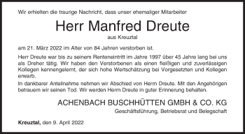 Traueranzeige von Manfred Dreute von Siegener Zeitung
