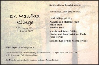 Traueranzeige von Manfred Klinge von Siegener Zeitung