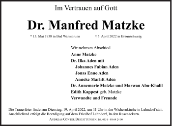 Traueranzeige von Manfred Matzke von Siegener Zeitung