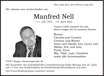 Traueranzeige von Manfred Nell von Siegener Zeitung
