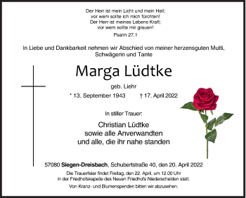 Traueranzeige von Marga Lüdtke von Siegener Zeitung