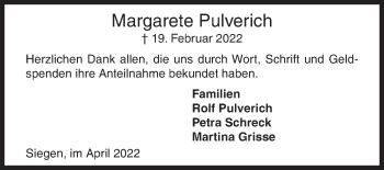 Traueranzeige von Margarete Pulverich von Siegener Zeitung