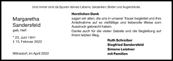 Traueranzeige von Margaretha Sandersfeld von Siegener Zeitung