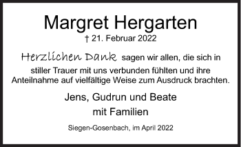 Traueranzeige von Margret Hergarten von Siegener Zeitung