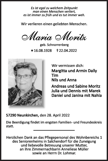 Traueranzeige von Maria Moritz von Siegener Zeitung