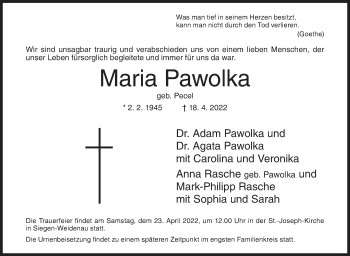 Traueranzeige von Maria Pawolka von Siegener Zeitung