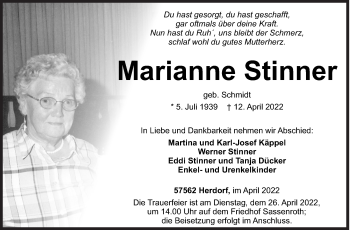 Traueranzeige von Marianne Stinner von Siegener Zeitung