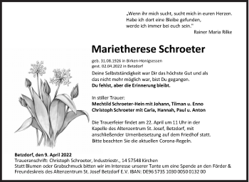 Traueranzeige von Marietherese Schroeter von Siegener Zeitung