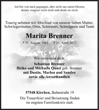 Traueranzeige von Marita Brenner von Siegener Zeitung