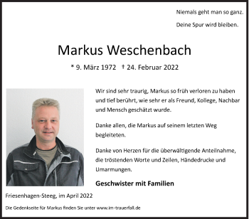 Traueranzeige von Markus Weschenbach von Siegener Zeitung