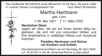 Traueranzeige von Martha Hartmann von Siegener Zeitung