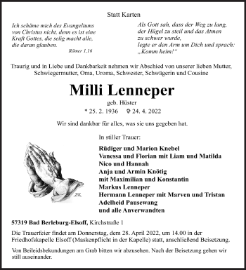 Traueranzeige von Milli Lenneper von Siegener Zeitung