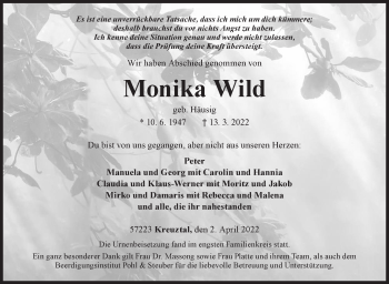 Traueranzeige von Monika Wild von Siegener Zeitung