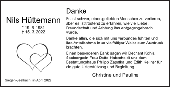 Traueranzeige von Nils Hüttemann von Siegener Zeitung