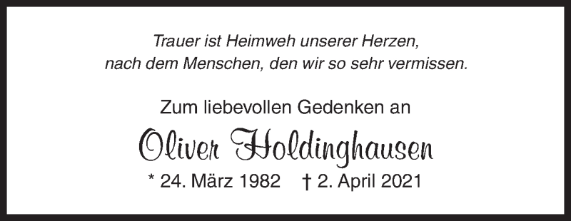  Traueranzeige für Oliver Holdinghausen vom 02.04.2022 aus Siegener Zeitung