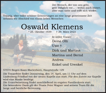 Traueranzeige von Oswald Klemens von Siegener Zeitung
