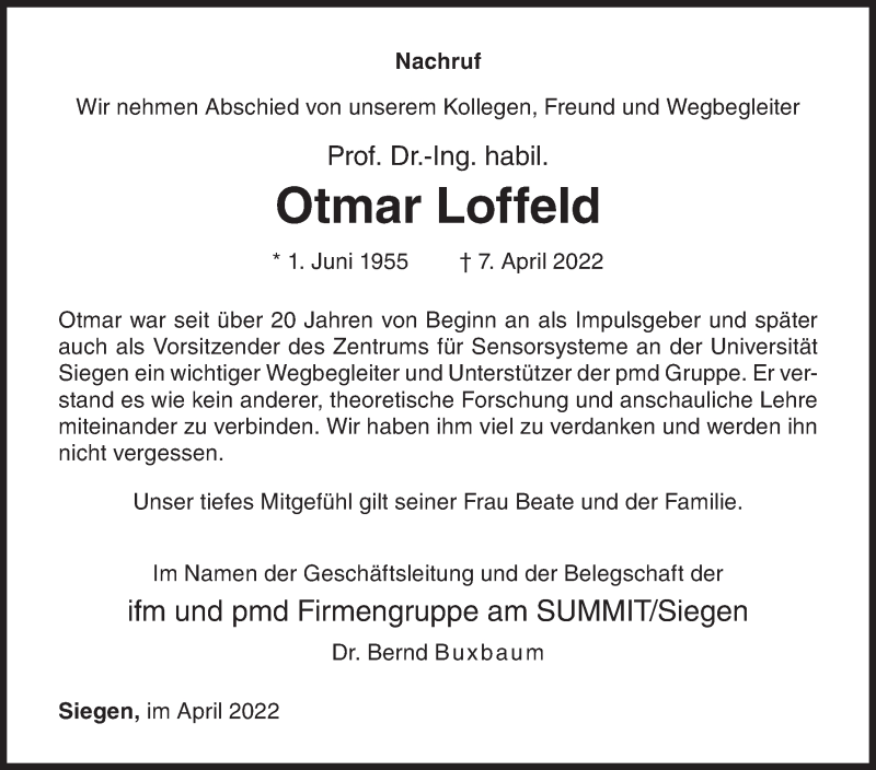  Traueranzeige für Otmar Loffeld vom 13.04.2022 aus Siegener Zeitung