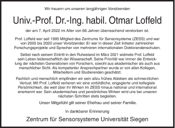 Traueranzeige von Otmar Loffeld von Siegener Zeitung