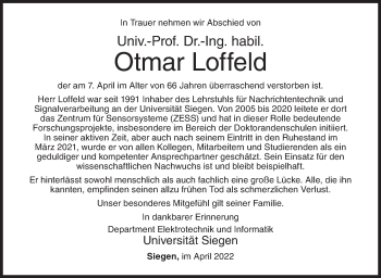 Traueranzeige von Otmar Loffeld von Siegener Zeitung
