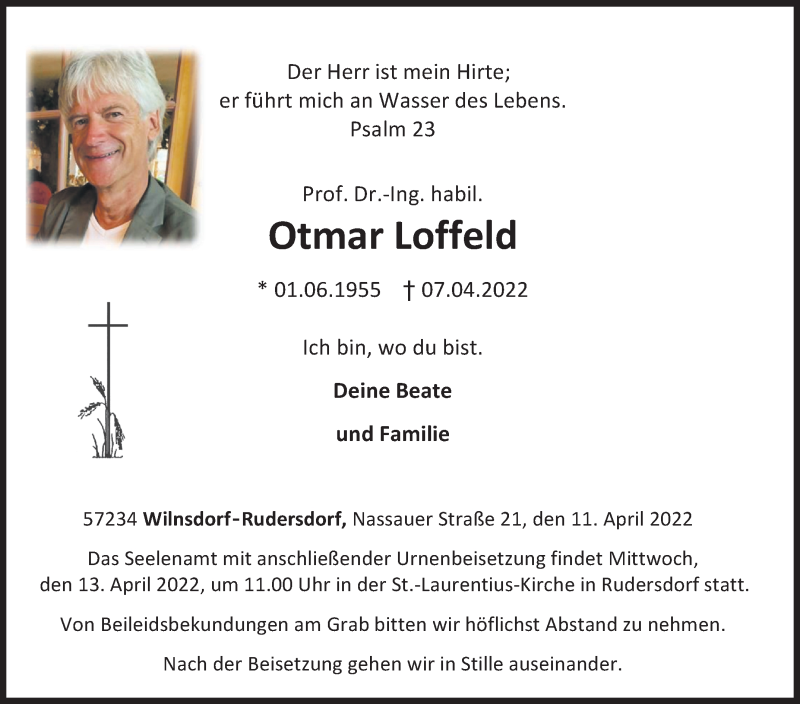  Traueranzeige für Otmar Loffeld vom 11.04.2022 aus Siegener Zeitung