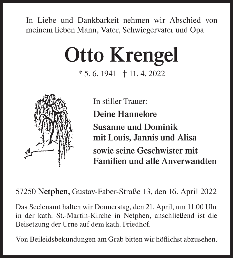  Traueranzeige für Otto Krengel vom 16.04.2022 aus Siegener Zeitung