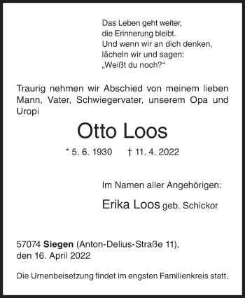 Traueranzeige von Otto Loos von Siegener Zeitung