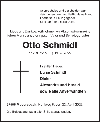 Traueranzeige von Otto Schmidt von Siegener Zeitung