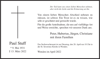 Traueranzeige von Paul Stuff von Siegener Zeitung
