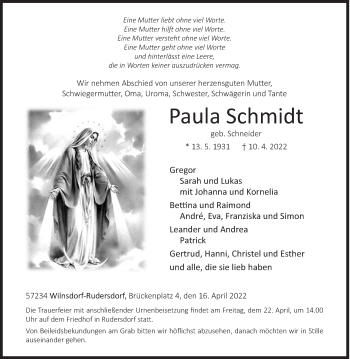 Traueranzeige von Paula Schmidt von Siegener Zeitung