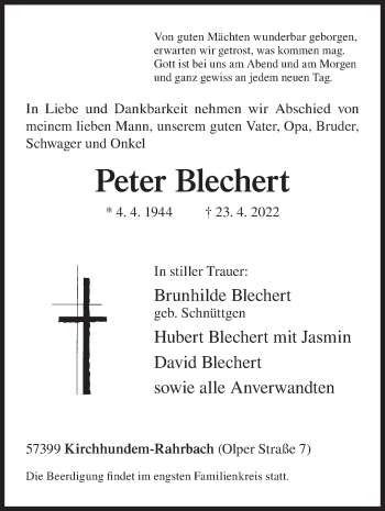 Traueranzeige von Peter Blechert von Siegener Zeitung