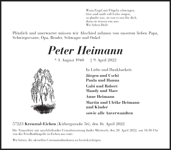 Traueranzeige von Peter Heimann von Siegener Zeitung