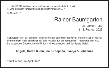 Traueranzeige von Rainer Baumgarten von Siegener Zeitung
