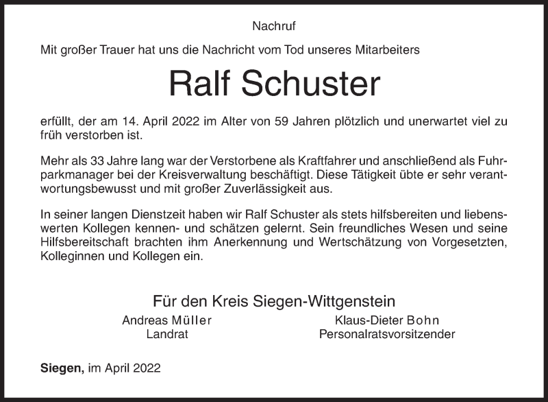  Traueranzeige für Ralf Schuster vom 21.04.2022 aus Siegener Zeitung
