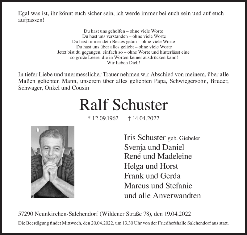  Traueranzeige für Ralf Schuster vom 19.04.2022 aus Siegener Zeitung