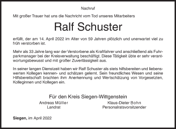 Traueranzeige von Ralf Schuster von Siegener Zeitung